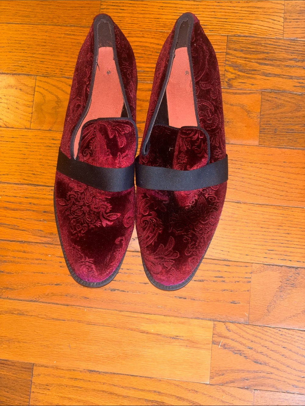 Mens Burgundy Velvet Loafers with Black Band